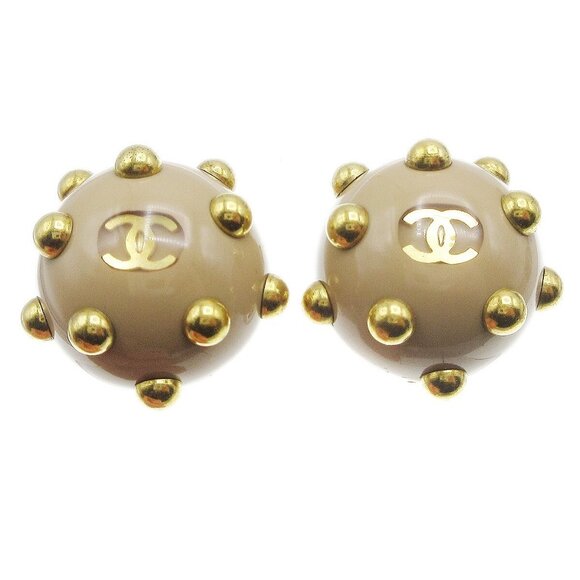 Chanel Studs Button Earrings Beige Gold Clip-On - Picture 1 of 5